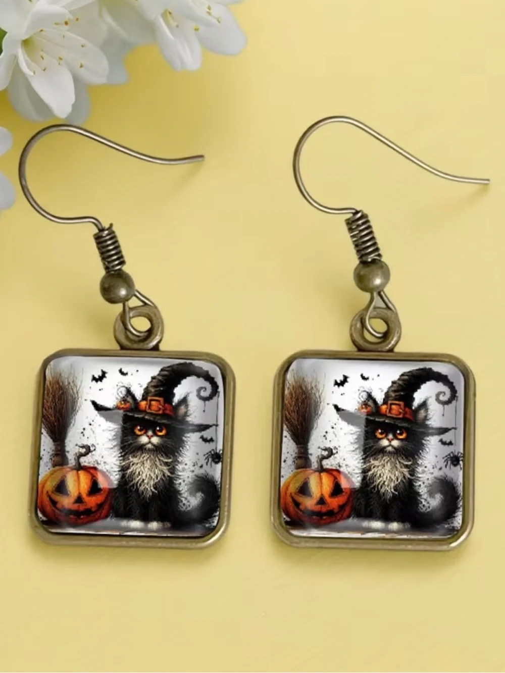 Halloween Cat Pumpkin Drop Earrings in Black and Orange